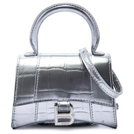 Borsa Balenciaga Silver Mini Metallic Croc Embossed Calfskin Hourglass Top Handle Bag