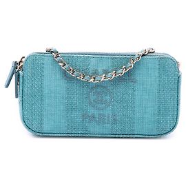 Chanel Blue Raffia Deauville Double Zip Clutch with Chain