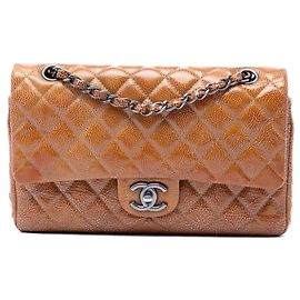 Chanel Brown Medium Classic Crinkled Patent Double Flap