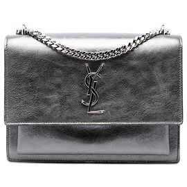 Saint Laurent Borsa a tracolla Monogram Sunset in pelle di vitello metallizzata argento, taglia Medium