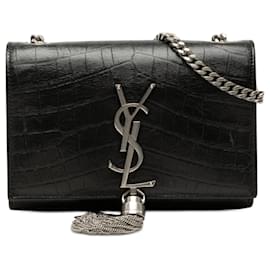 Saint Laurent Kate Crossbody-Tasche aus schwarzem Leder mit Krokoprägung mit Quaste Small