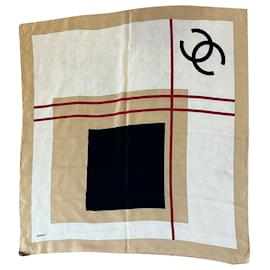 Écharpe Chanel Beige Black Red Silk Logo Modern Design