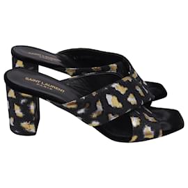 Mules à talons à motifs Saint Laurent en satin noir - Yves Saint Laurent