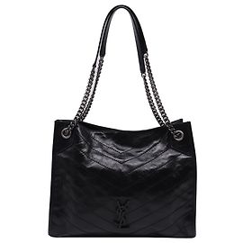 Borsa Tote Saint Laurent Crinkled Matelasse Medium Monogram Nikki in pelle nera