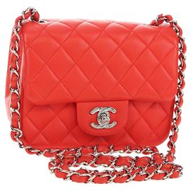 CHANEL Mini Matelasse 17 Chain Bag Lamb Skin Red Silver CC Auth 189072SM