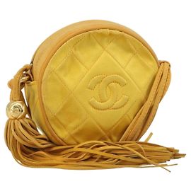 CHANEL Matelasse Shoulder Bag Satin Yellow Gold CC Auth 189501A