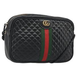 Borsa GUCCI GG Marmont Web Sherry Line in pelle traforata nera e oro 541051 Auth mr2530