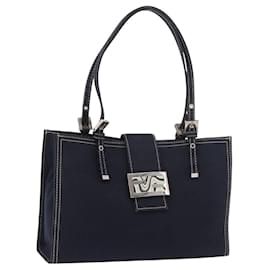 FENDI Mamma Baguette Tote Bag Canvas Navy Silver Auth BA13682V