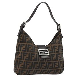 FENDI Zucca Canvas Mamma Baguette Bolsa de Ombro Marrom Preto Auth BA13674V