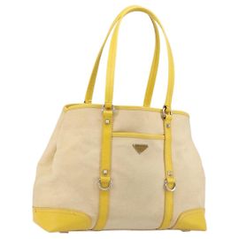Borsa Tote PRADA in tela beige argento Auth 189498A