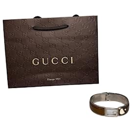 Bracciale Vintage Gucci in pelle con Interlocking G in acciaio inossidabile Marrone Argento
