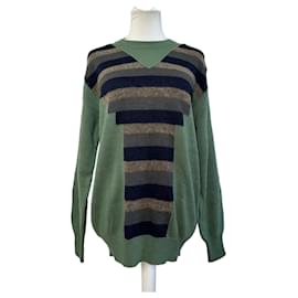 Pull en laine et coton rayé vintage Yves Saint Laurent pour homme Vert Marine Beige XL