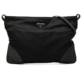 Prada Black Vitello Daino Trimmed Tessuto Zip Top Umhängetasche