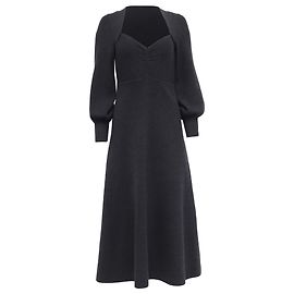Sandro Midi-Kleid mit Puffärmeln und Herz-Ausschnitt aus schwarzer Wolle