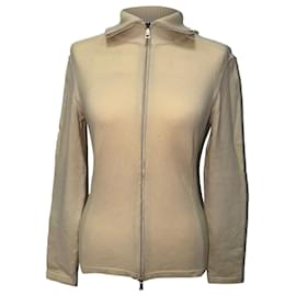 Prada Zip-Up Elbow-Patched Sweater in Beige Wool