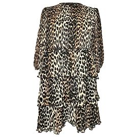 Vestido corto con volantes de estampado de leopardo Ganni en poliéster marrón