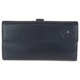 Portafoglio lungo in pelle nera Chanel Camellia Coco Mark