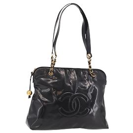 Borsa Tote con Catena CHANEL in pelle verniciata Nero Oro CC Auth BA13602A