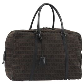 Borsa Boston FENDI in tela Zucchino Marrone Scuro Argento Auth 188276