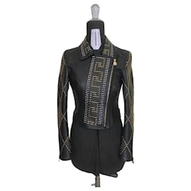 Versace For H&M Chaqueta Versace x H&M Biker de cuero negro con tachuelas doradas/plateadas XS 38 IT 2011