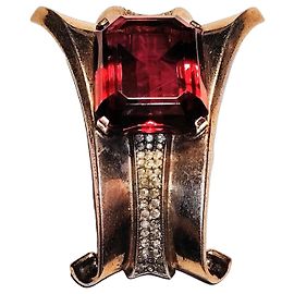 Autre Marque Spilla Clip Crown Trifari Argento Sterling e Vetro Rosso