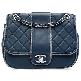 Chanel Blue Medium Quilted Lambskin and Metallic Trim Elementary Chic Flap