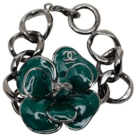 Pulsera de cadena Camellia en latón CC negro, rutenio y esmalte Chanel