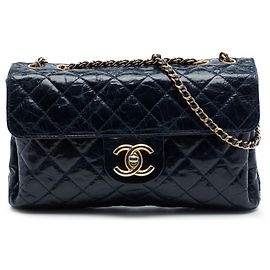 Chanel Blue CC Gestepptes Crackled Glazed Calfskin Accordion Flap