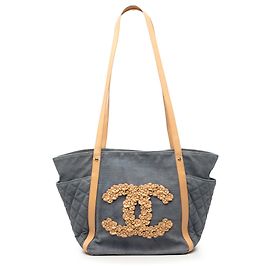 Chanel Blue Quilted Denim CC Camellia Tote