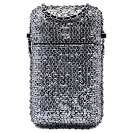 Portacellulare Chanel in tweed argento CC e paillettes con catena