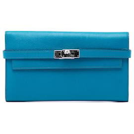 Portefeuille long trifold Kelly en cuir Epsom bleu Hermès