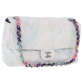 CHANEL Big Matelasse 30 Chain Bag Canvas Light Blue Silver CC Auth 189235SAV