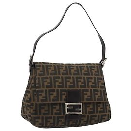 FENDI Zucca Canvas Mamma Baguette Shoulder Bag Black Brown Auth 189496SAM
