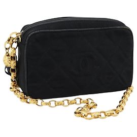 CHANEL Matelasse Chain Shoulder Bag Satin Black Gold CC Auth 189794V