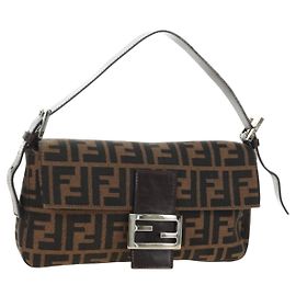 FENDI Zucca Canvas Mamma Baguette Borsa a Spalla Nero Marrone Auth 189121SV