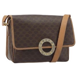 Céline Bolso bandolera circular CELINE Macadam Canvas PVC Cuero Marrón Oro Auth 189595