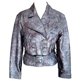 Jaqueta Biker Versus Versace Couro Prata Metálico Taupe IT 42