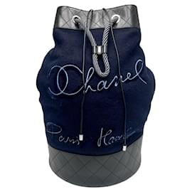 Borsa a tracolla in lana e pelle blu navy da donna Chanel