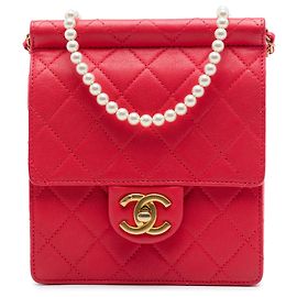 Chanel Red Small Quilted Lambskin Chic Pearls Flap