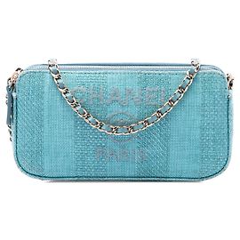 Chanel Blue Raffia Deauville Double Zip Clutch with Chain