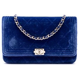 Chanel Blue Quilted Velvet Boy Wallet On Chain