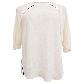 Top de punto con lentejuelas Monili en lino blanco Brunello Cucinelli