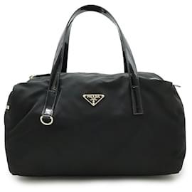 Borsa in nylon e pelle verniciata con logo Triangle Prada