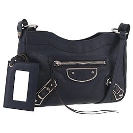 BALENCIAGA Borsa a Spalla Hip Metallic Edge in Pelle Navy Silver Auth 189871A