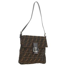 FENDI Zucca Canvas Mamma Baguette Shoulder Bag Black Brown Auth 189187V