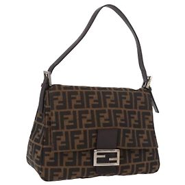 FENDI Zucca Canvas Mamma Baguette Shoulder Bag Black Brown Auth 190109SAV