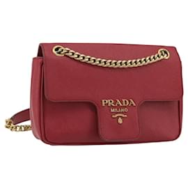 Bolsa de Ombro com Corrente PRADA em Couro Safiano Vermelho Ouro Autêntica 189736 - Prada