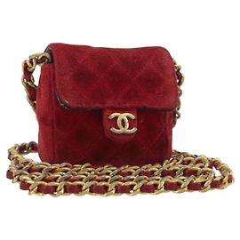CHANEL Mini Mini Matelasse 7 Chain Shoulder Pouch Velor Red Gold CC Auth 189515