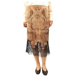 Camilla Falda de seda marrón con estampado de leopardo y ribete de encaje - talla L