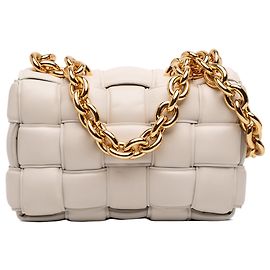 Borsa Satchel Bottega Veneta White Nappa Intrecciato Imbottita con Catena